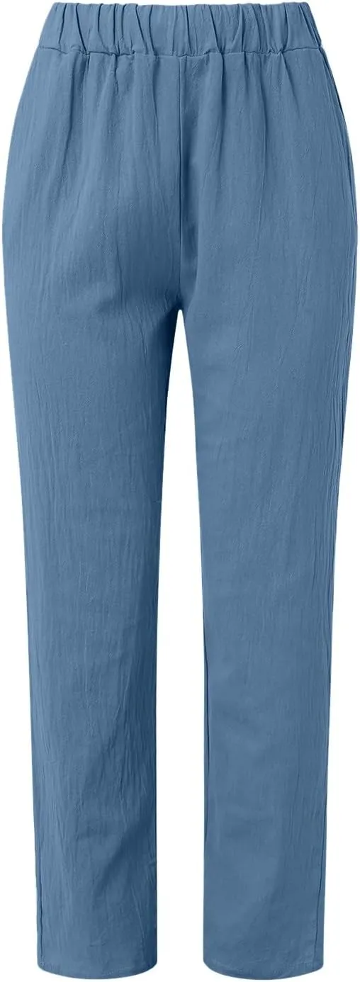 Women's Cotton Linen Pants Summer Casual Baggy Wide Leg Elastic High Waist Beach Slacks Stripe Printed Capri Trousers