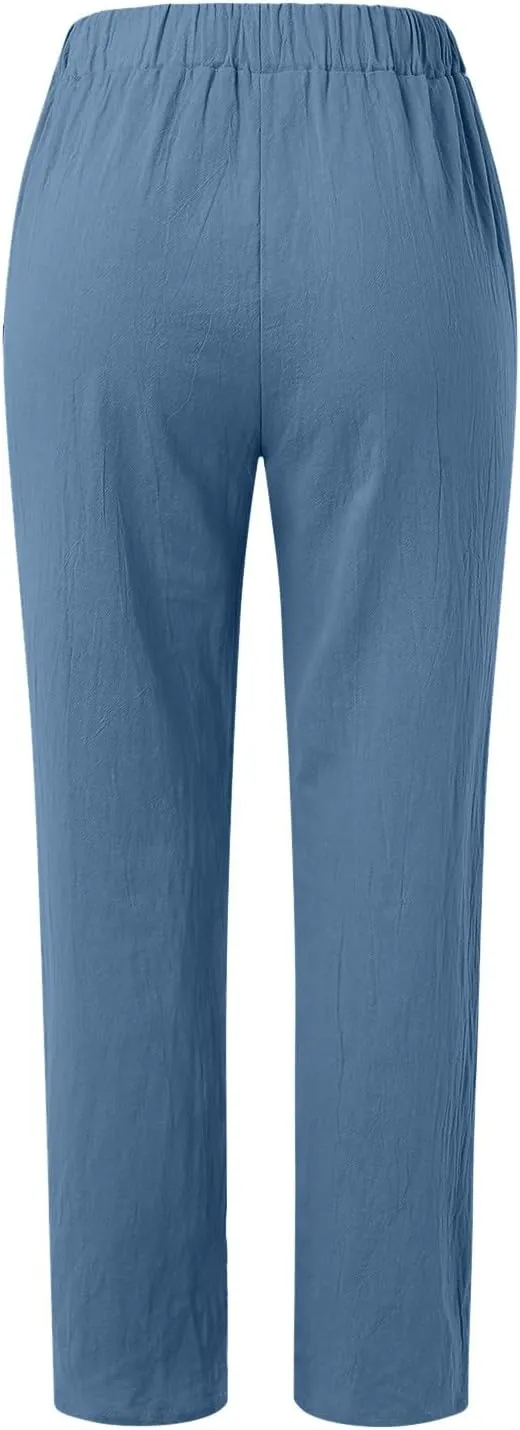 Women's Cotton Linen Pants Summer Casual Baggy Wide Leg Elastic High Waist Beach Slacks Stripe Printed Capri Trousers