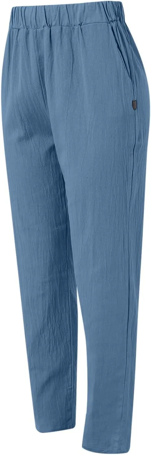 Women's Cotton Linen Pants Summer Casual Baggy Wide Leg Elastic High Waist Beach Slacks Stripe Printed Capri Trousers