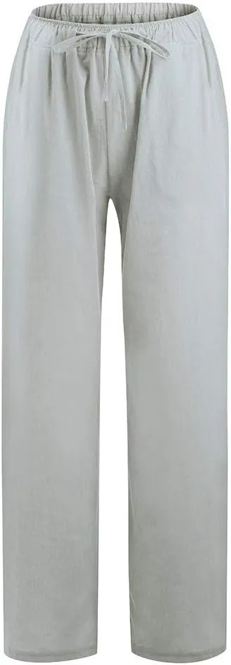 Women's Cotton Linen Pants Summer Casual Wide Leg Pant Loose Drawstring High Waist Palazzo Trousers with Pockets