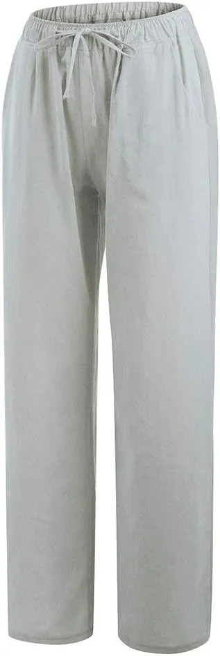 Women's Cotton Linen Pants Summer Casual Wide Leg Pant Loose Drawstring High Waist Palazzo Trousers with Pockets