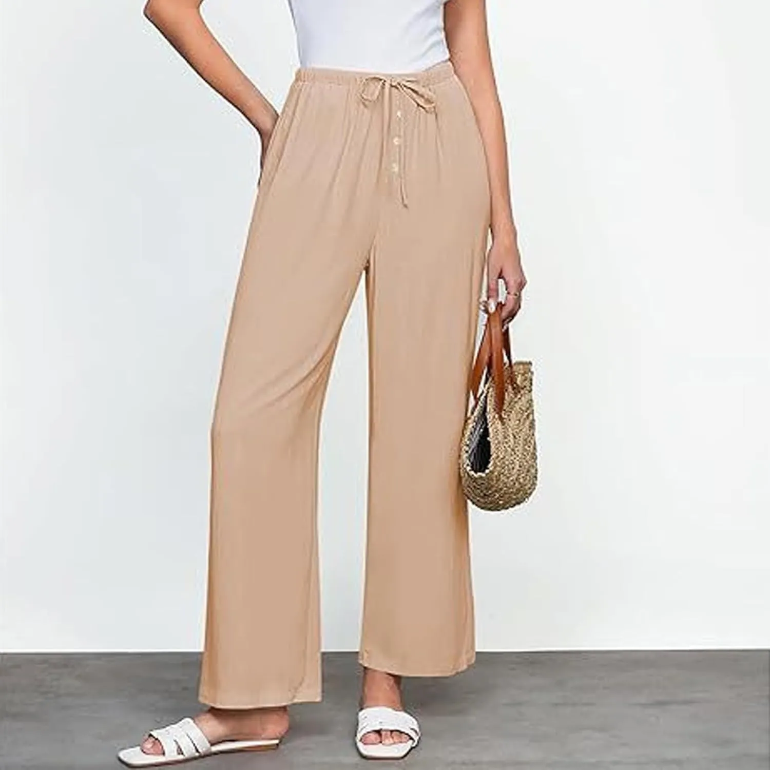Women's Cotton Linen Pants, Wide Leg Cropped Lounge Trousers with Drawstring Elastic Waist, Summer Beach Casual Pants