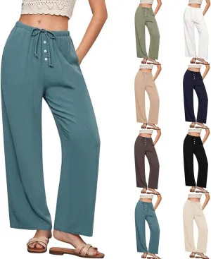 Women's Cotton Linen Pants, Wide Leg Cropped Lounge Trousers with Drawstring Elastic Waist, Summer Beach Casual Pants