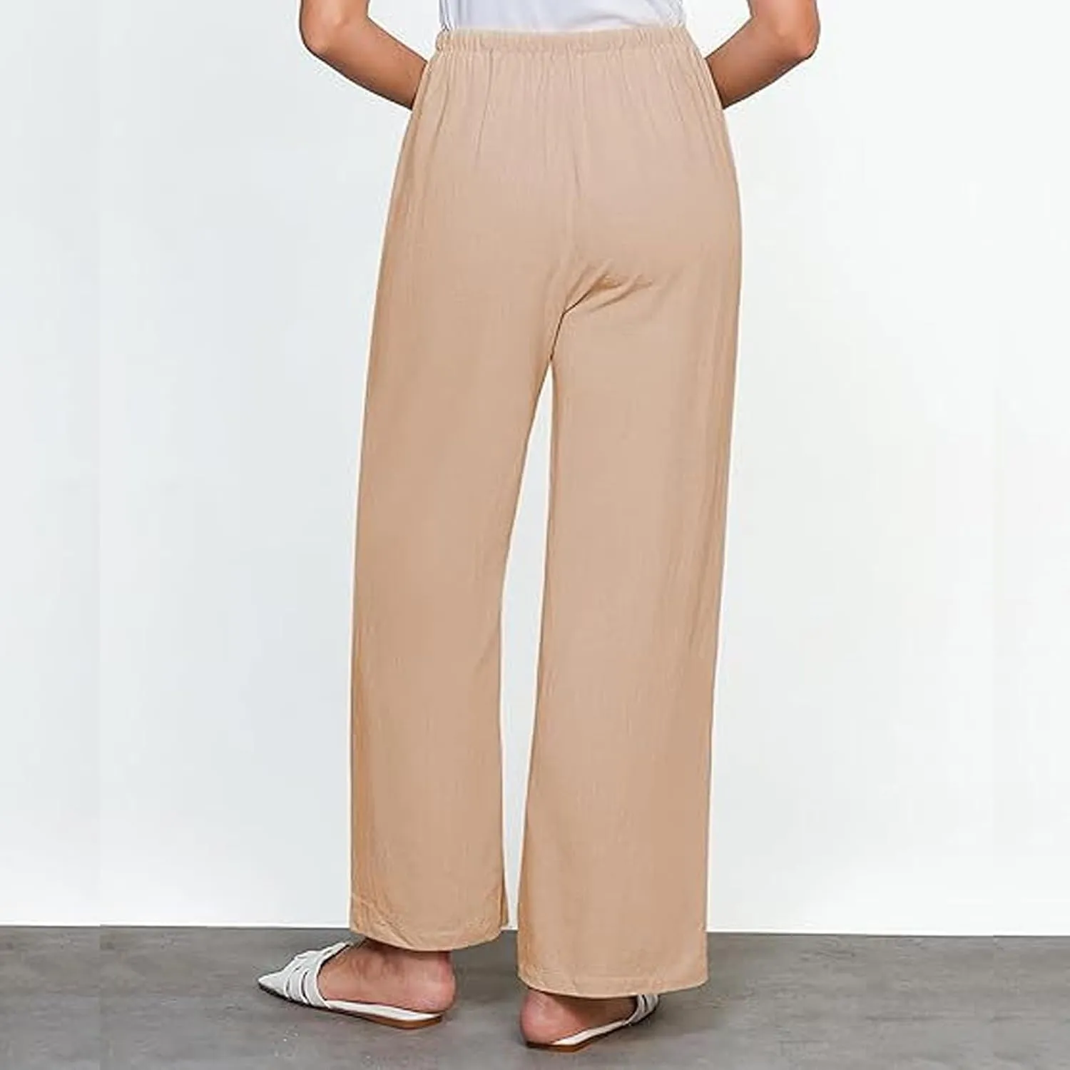 Women's Cotton Linen Pants, Wide Leg Cropped Lounge Trousers with Drawstring Elastic Waist, Summer Beach Casual Pants
