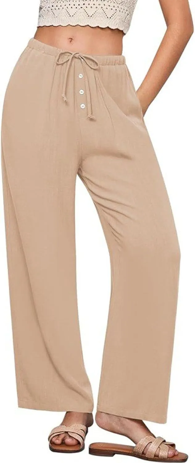 Women's Cotton Linen Pants, Wide Leg Cropped Lounge Trousers with Drawstring Elastic Waist, Summer Beach Casual Pants