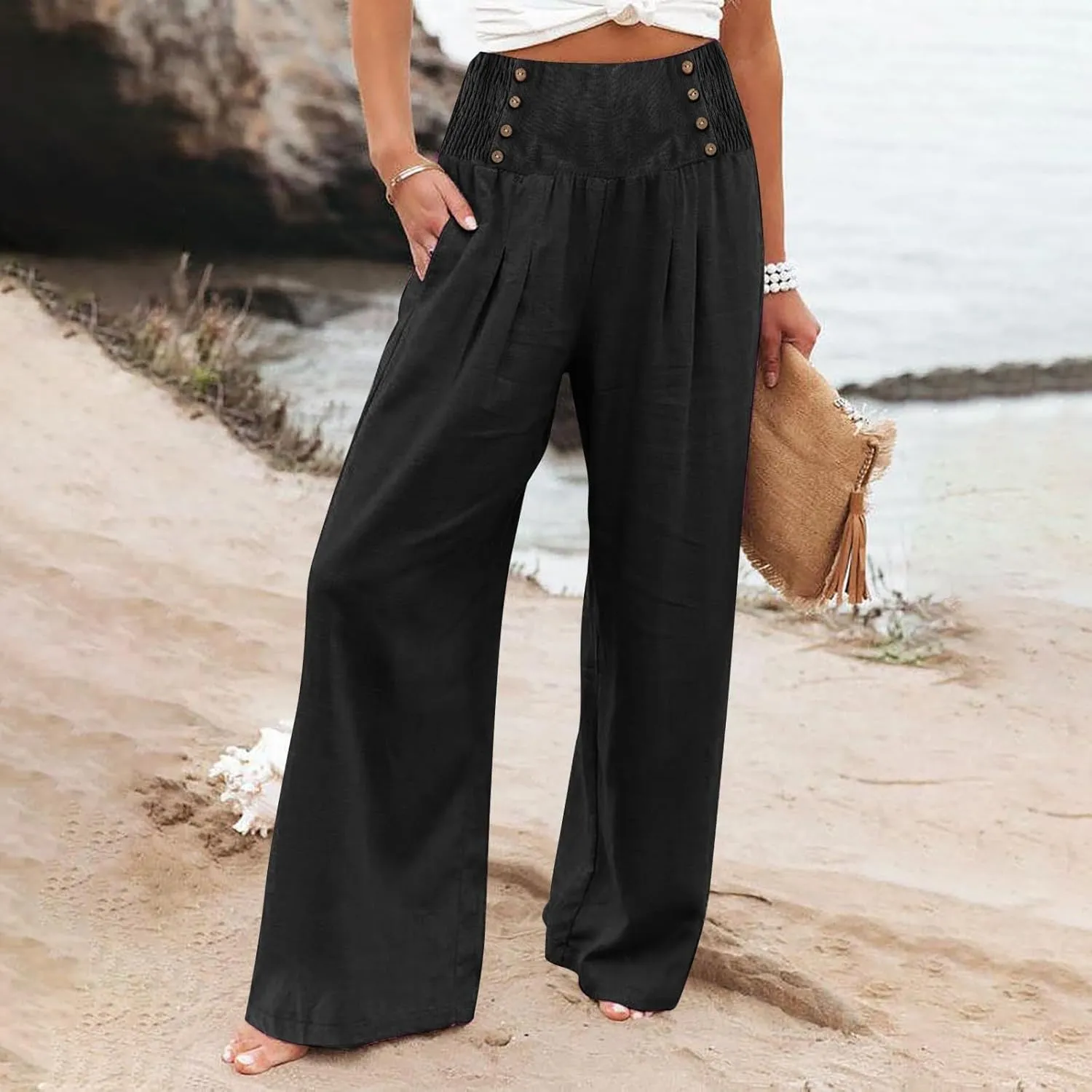 Womens Cotton Linen Summer Boho Pants Low Waist Stretchy Straight Slim-Fit Pant Trousers Business Work