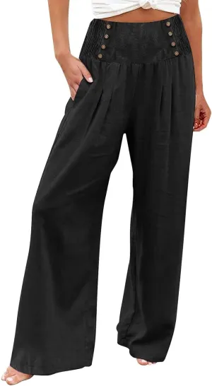 Womens Cotton Linen Summer Boho Pants Low Waist Stretchy Straight Slim-Fit Pant Trousers Business Work