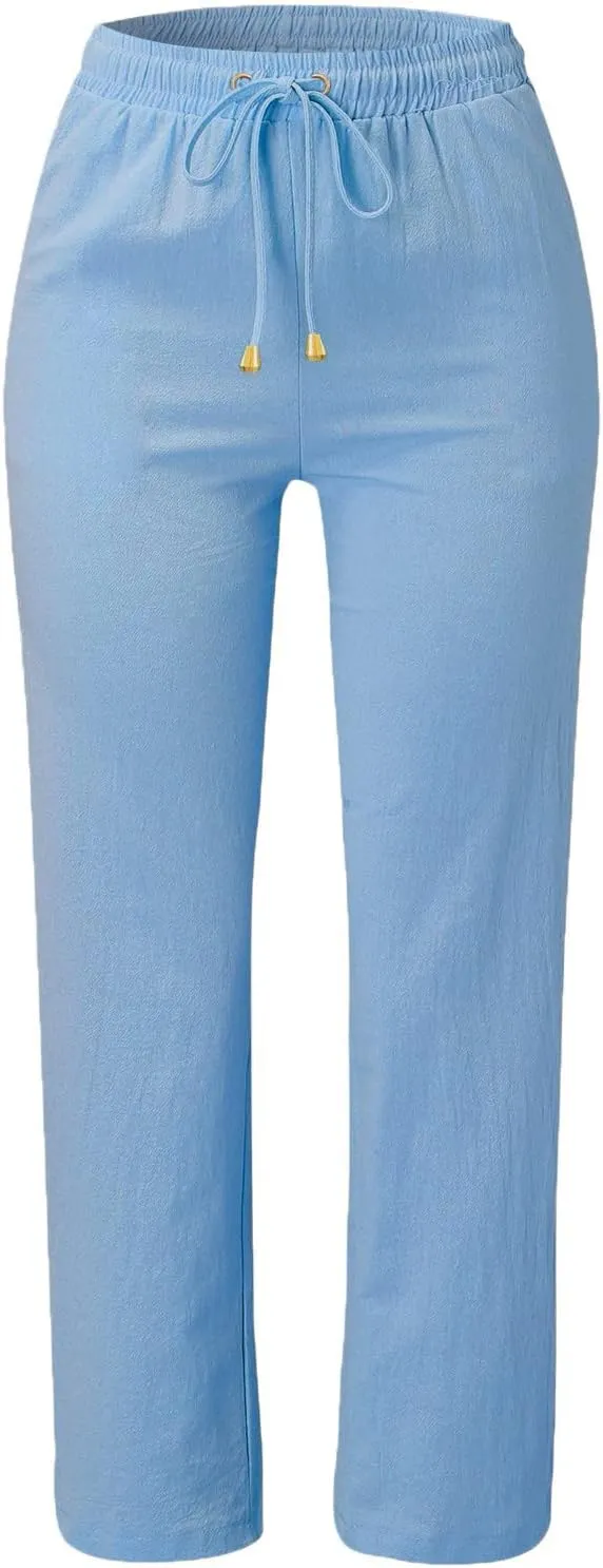 Womens Cotton Linen Summer Fashion Palazzo Pants Elastic Waisted Stretchy Slim Fit Trouser Work Business