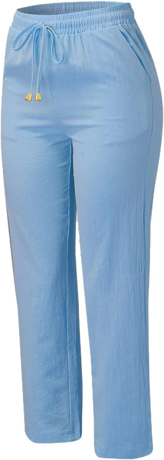 Womens Cotton Linen Summer Fashion Palazzo Pants Elastic Waisted Stretchy Slim Fit Trouser Work Business