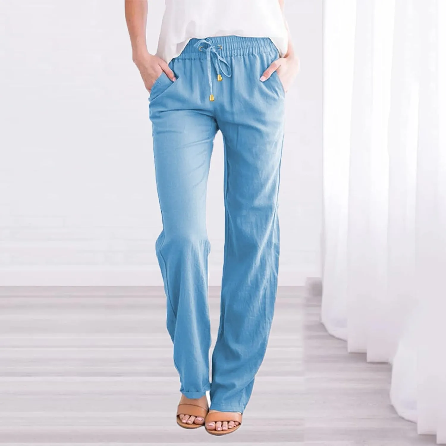 Womens Cotton Linen Summer Fashion Palazzo Pants Elastic Waisted Stretchy Slim Fit Trouser Work Business