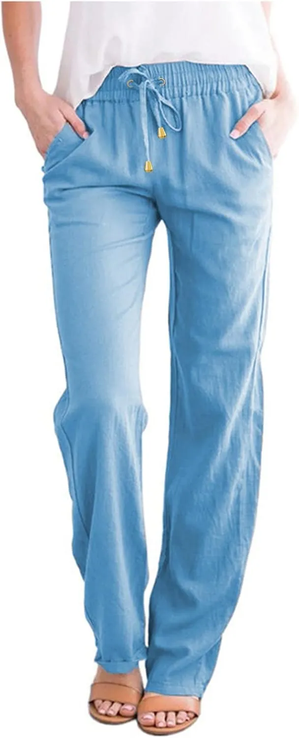 Womens Cotton Linen Summer Fashion Palazzo Pants Elastic Waisted Stretchy Slim Fit Trouser Work Business