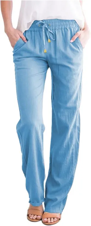 Womens Cotton Linen Summer Fashion Palazzo Pants Elastic Waisted Stretchy Slim Fit Trouser Work Business