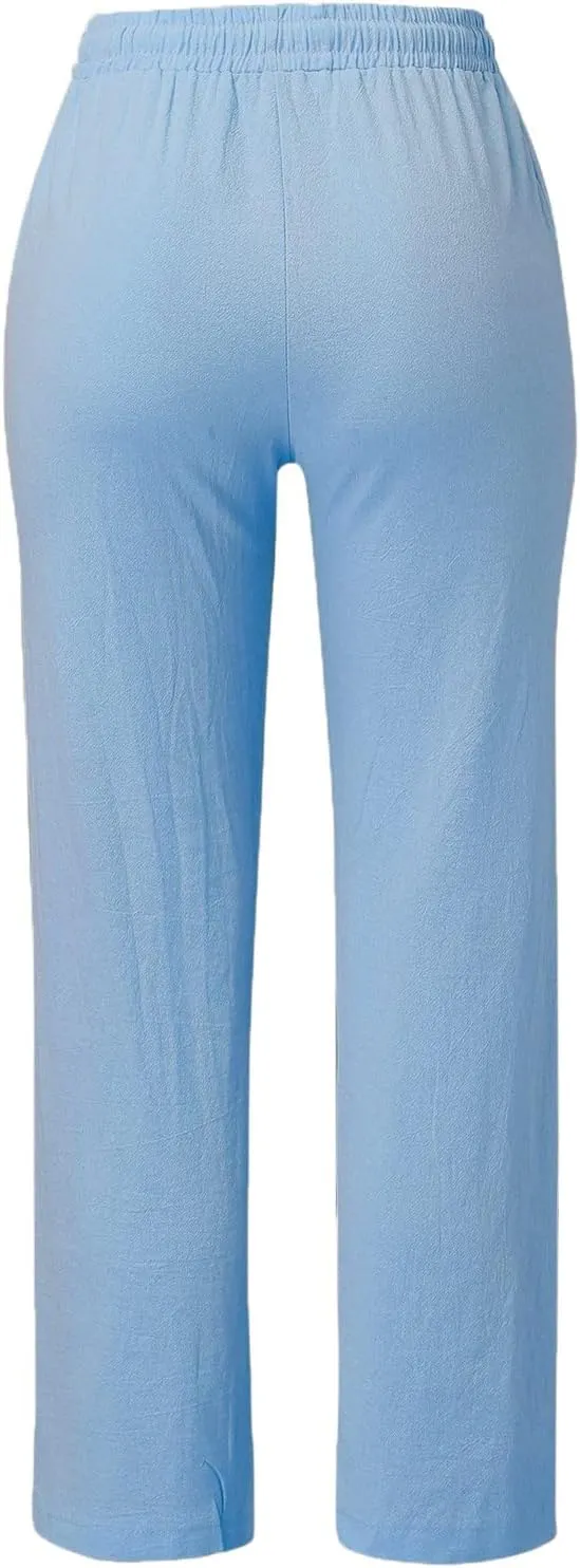 Womens Cotton Linen Summer Fashion Palazzo Pants Elastic Waisted Stretchy Slim Fit Trouser Work Business