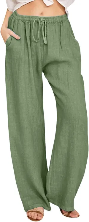 Womens Cotton Linen Summer Lightweigt Pants Elastic Waisted Stretchy Slim-Fit Pant Trousers Trendy