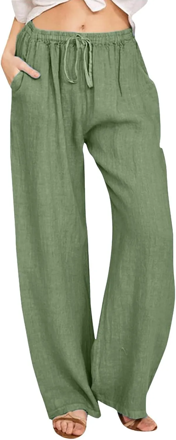 Womens Cotton Linen Summer Lightweigt Pants Elastic Waisted Stretchy Slim-Fit Pant Trousers Trendy