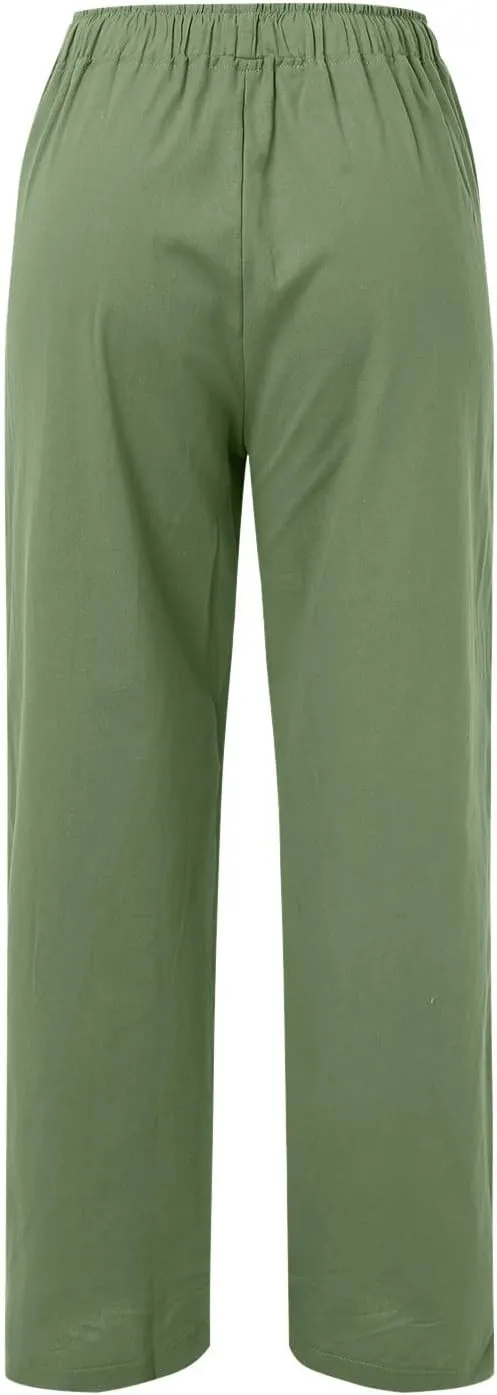 Womens Cotton Linen Summer Lightweigt Pants Elastic Waisted Stretchy Slim-Fit Pant Trousers Trendy