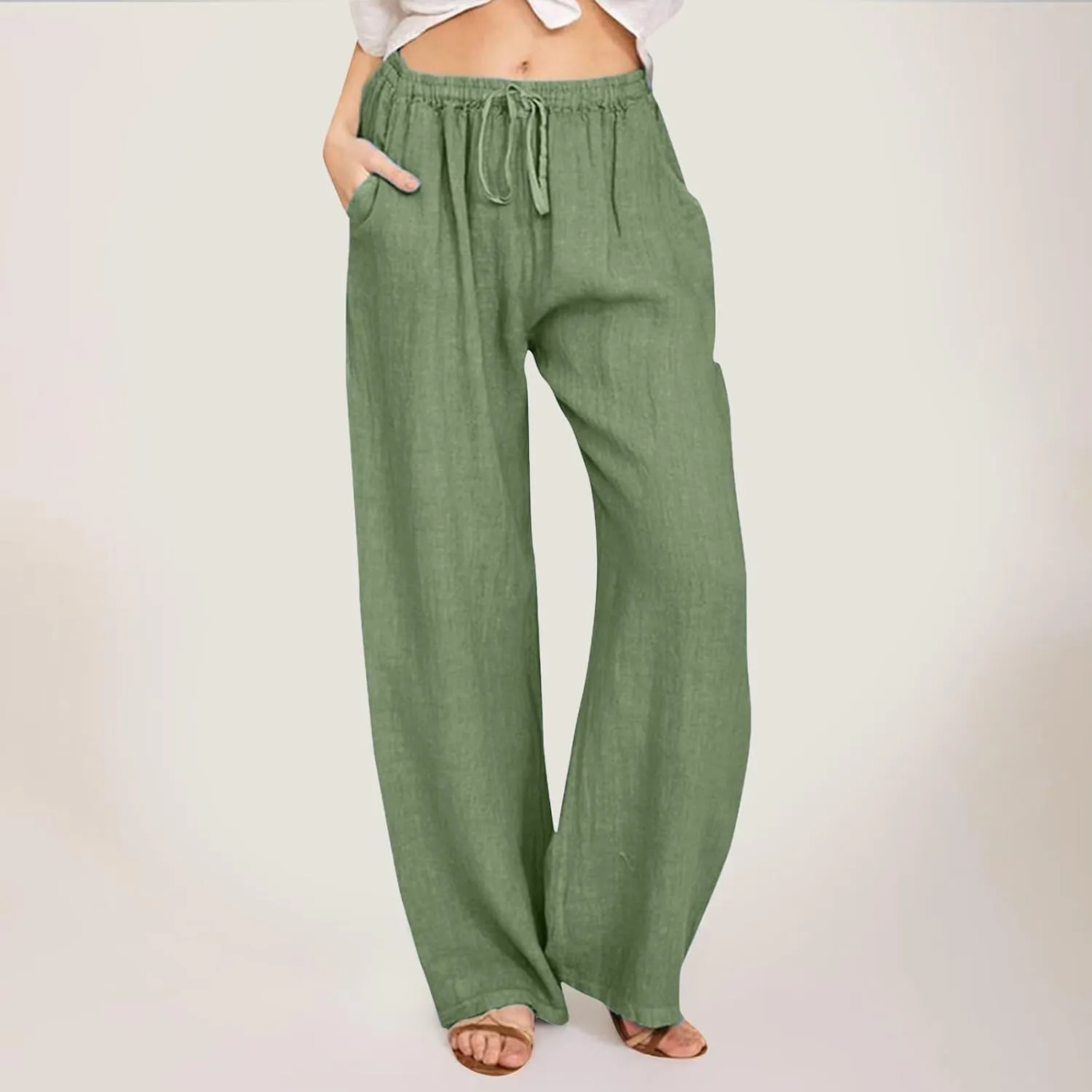 Womens Cotton Linen Summer Lightweigt Pants Elastic Waisted Stretchy Slim-Fit Pant Trousers Trendy