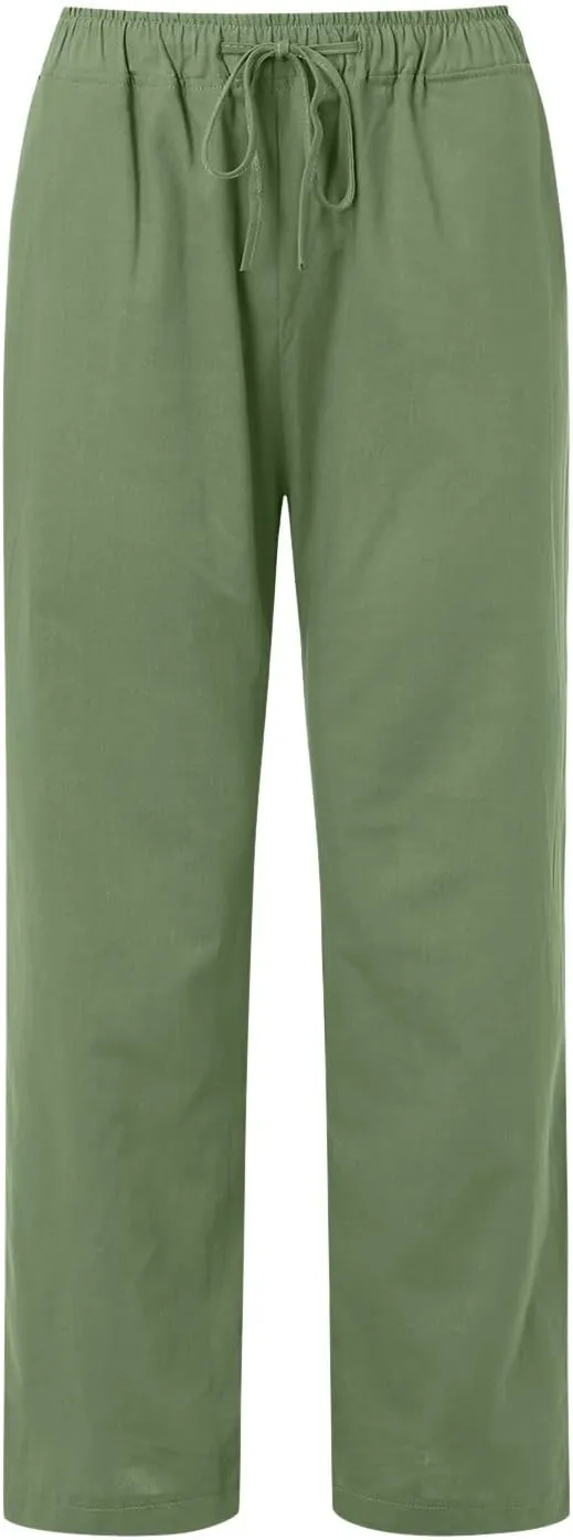 Womens Cotton Linen Summer Lightweigt Pants Elastic Waisted Stretchy Slim-Fit Pant Trousers Trendy