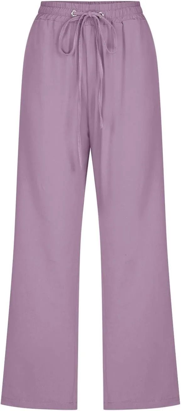 Womens Cotton Linen Summer Print Palazzo Lounge Pants Low Waist Long Lounge Plus Size Trouser Travel