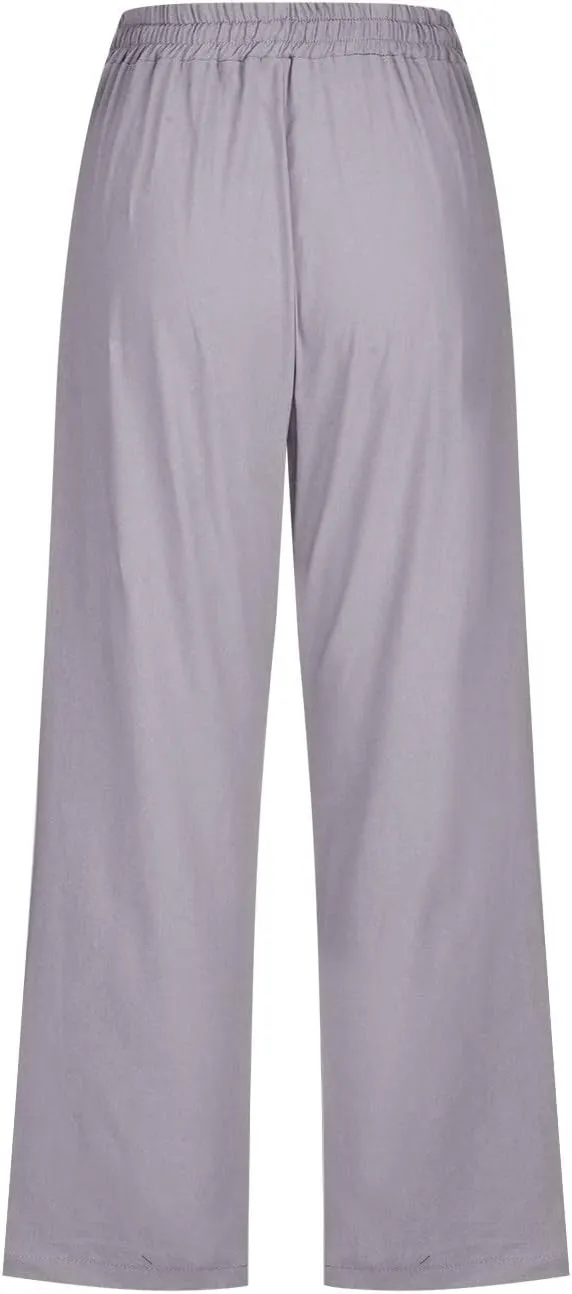 Womens Cotton Linen Summer Print Palazzo Lounge Pants Low Waist Long Lounge Plus Size Trouser Travel