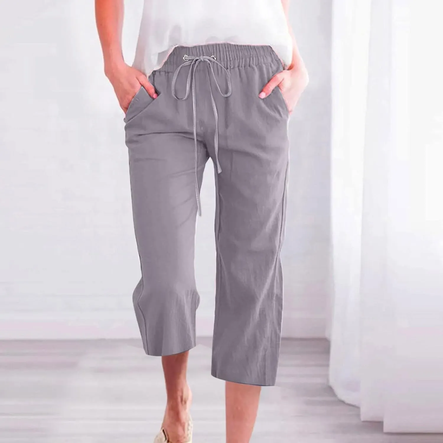 Womens Cotton Linen Summer Print Palazzo Lounge Pants Low Waist Long Lounge Plus Size Trouser Travel