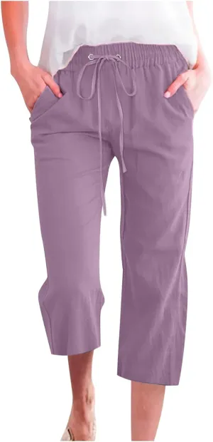 Womens Cotton Linen Summer Print Palazzo Lounge Pants Low Waist Long Lounge Plus Size Trouser Travel