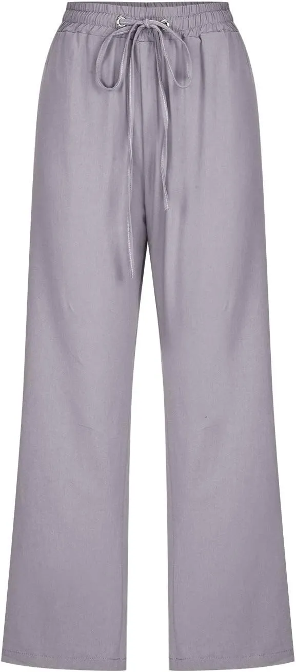 Womens Cotton Linen Summer Print Palazzo Lounge Pants Low Waist Long Lounge Plus Size Trouser Travel