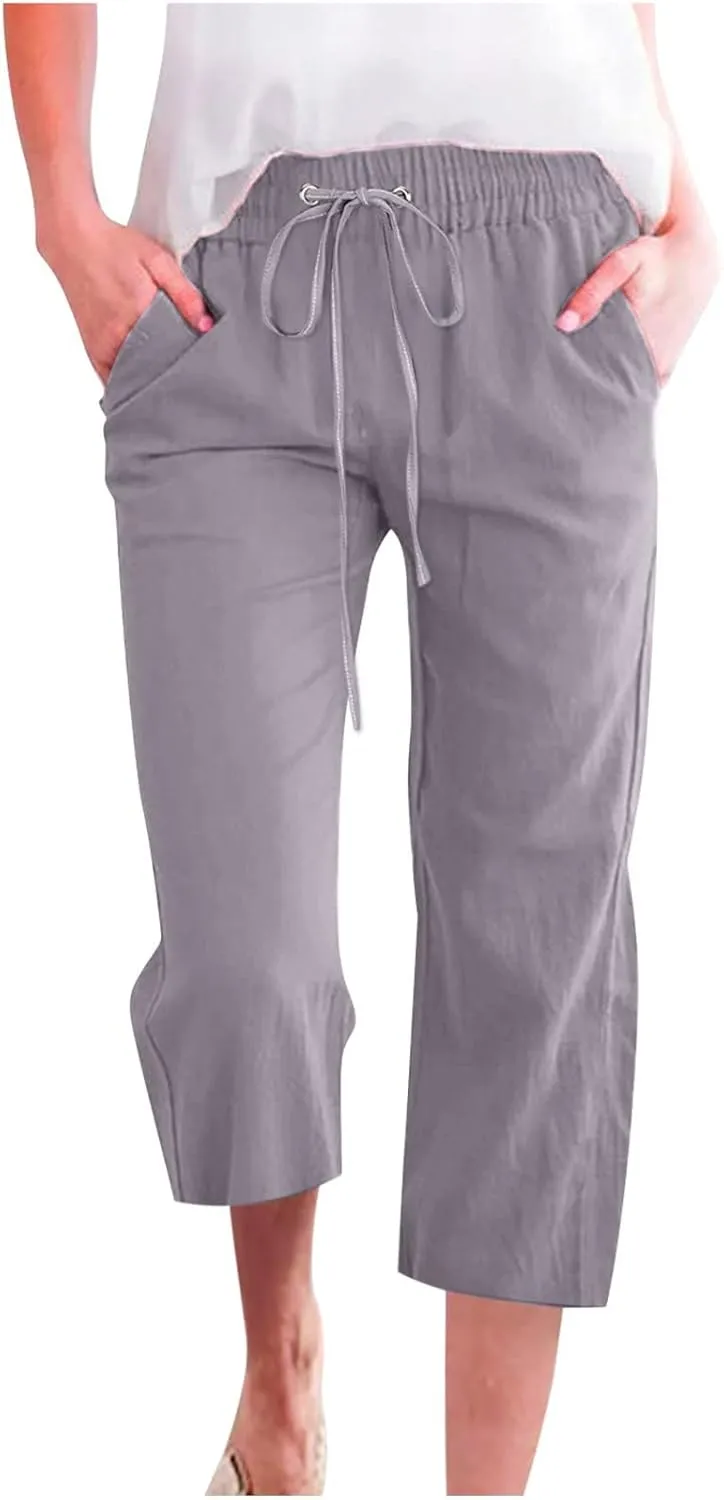 Womens Cotton Linen Summer Print Palazzo Lounge Pants Low Waist Long Lounge Plus Size Trouser Travel