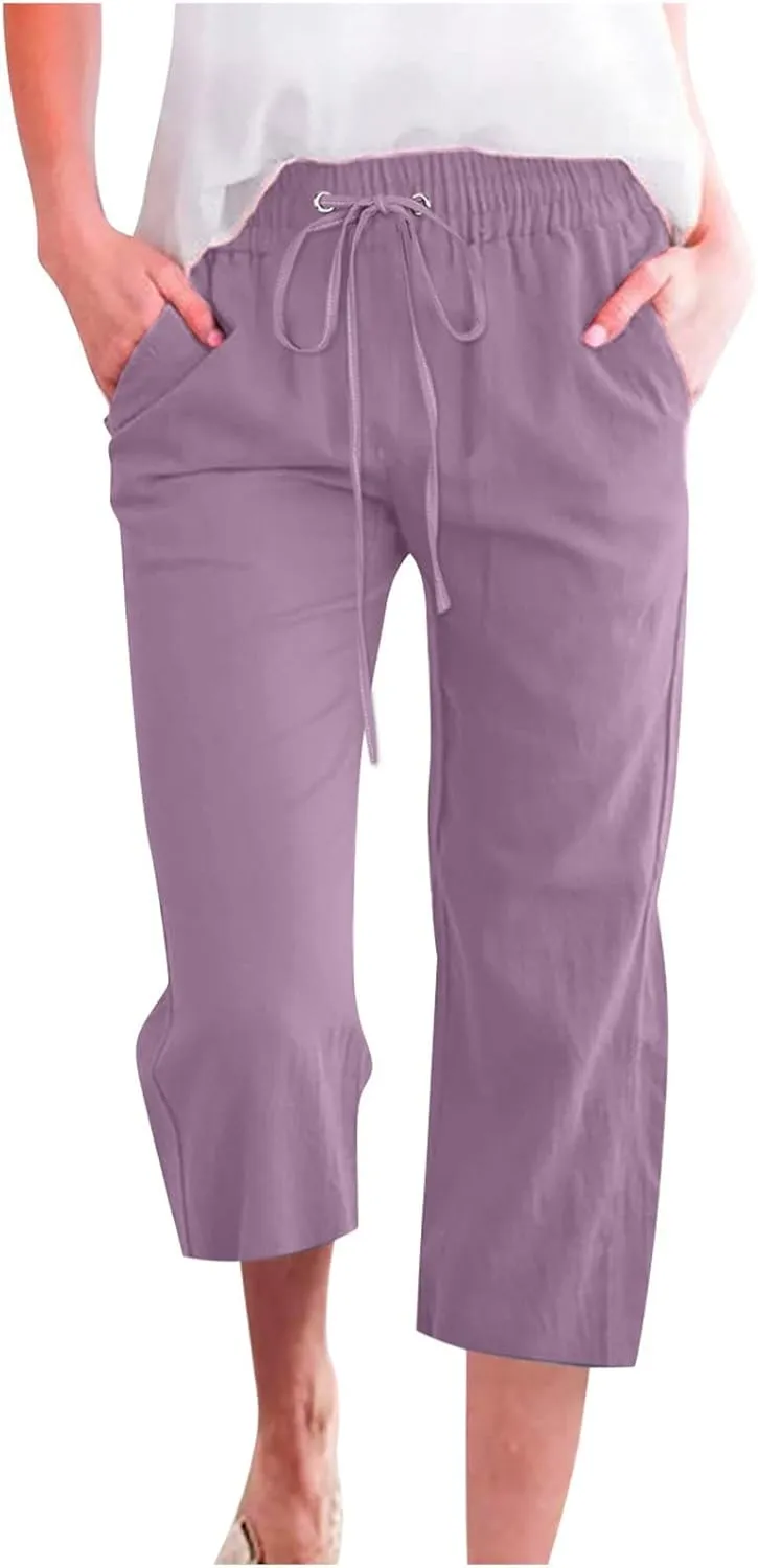 Womens Cotton Linen Summer Print Palazzo Lounge Pants Low Waist Long Lounge Plus Size Trouser Travel