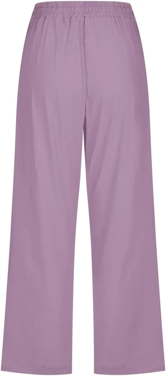 Womens Cotton Linen Summer Print Palazzo Lounge Pants Low Waist Long Lounge Plus Size Trouser Travel