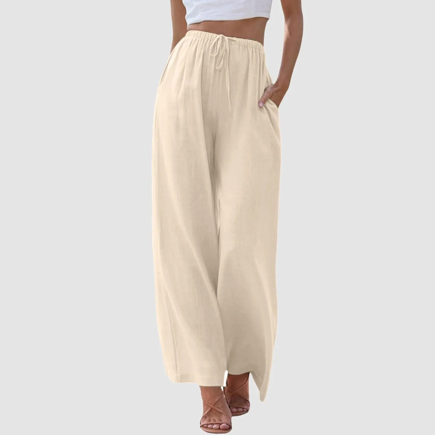 Womens Cotton Linen Wide Leg Palazzo Pants Drawstring Elastic Waisted Casual Summer Beach Flowy Trousers with Pockets
