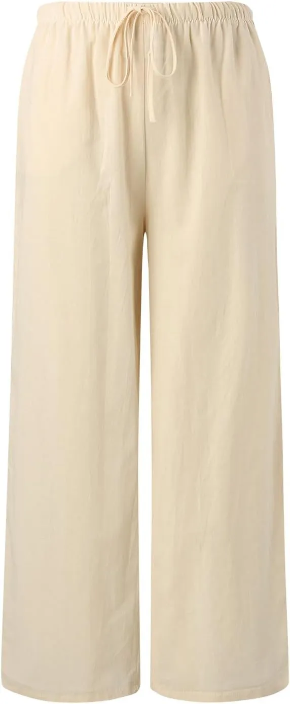 Womens Cotton Linen Wide Leg Palazzo Pants Drawstring Elastic Waisted Casual Summer Beach Flowy Trousers with Pockets