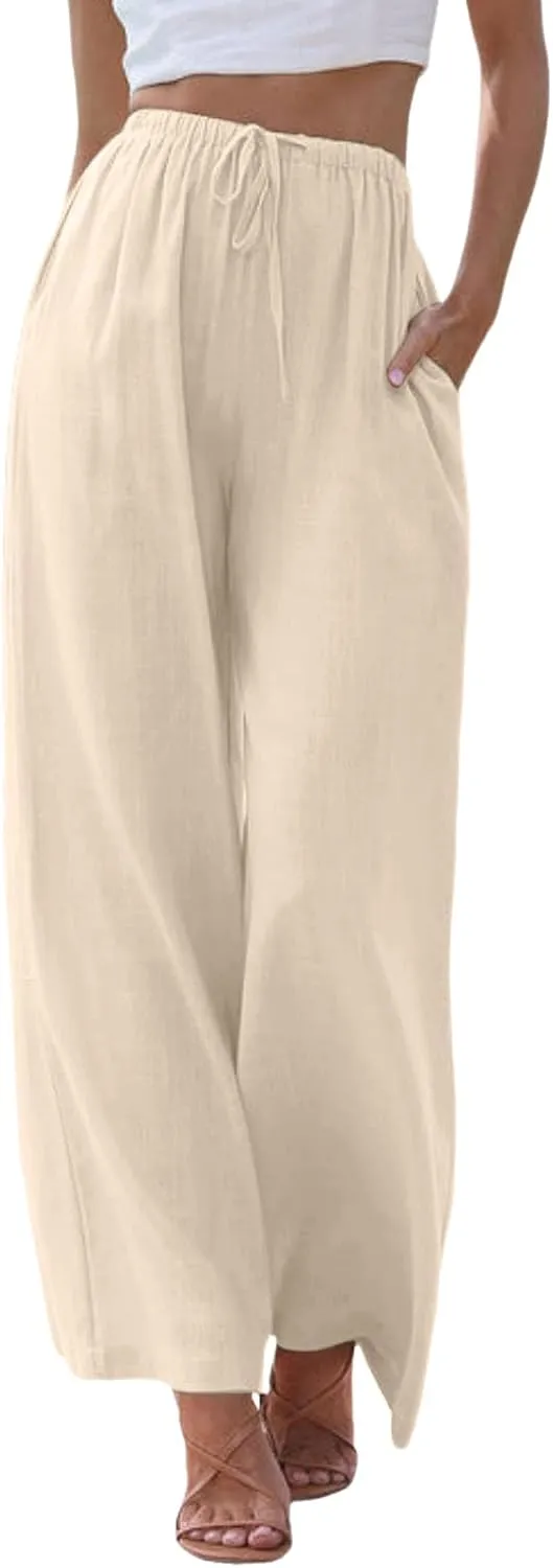 Womens Cotton Linen Wide Leg Palazzo Pants Drawstring Elastic Waisted Casual Summer Beach Flowy Trousers with Pockets