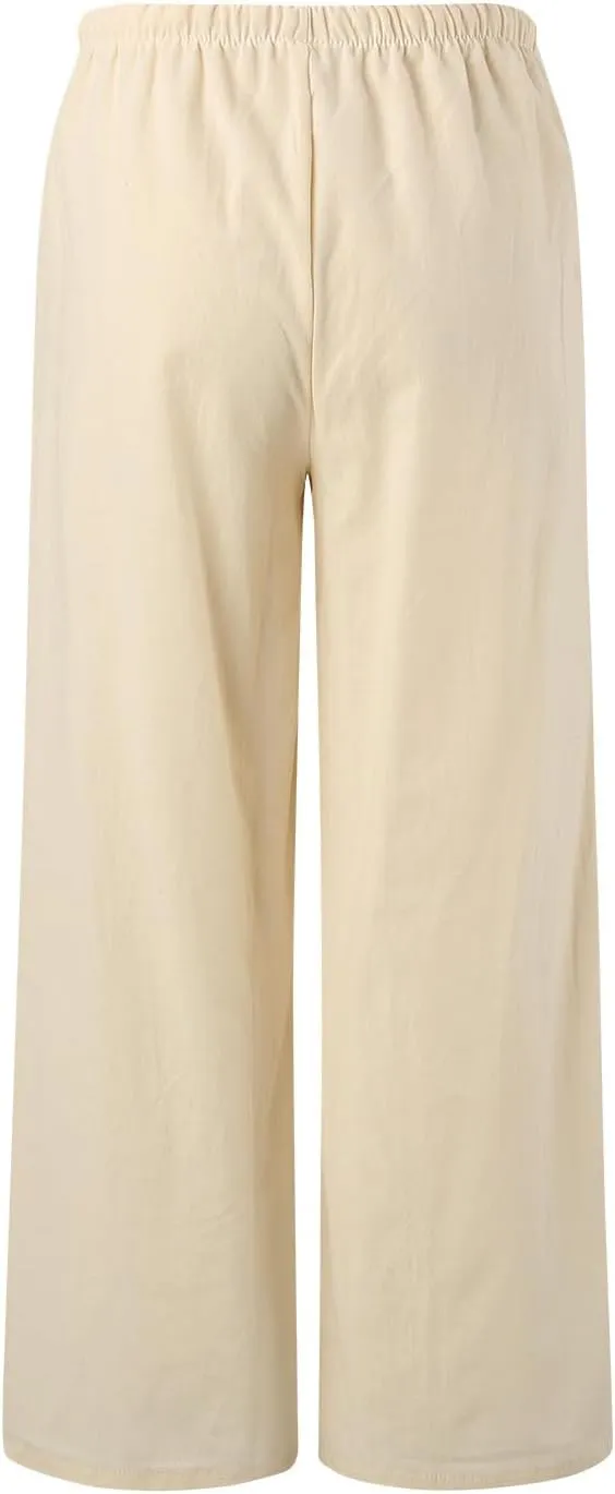 Womens Cotton Linen Wide Leg Palazzo Pants Drawstring Elastic Waisted Casual Summer Beach Flowy Trousers with Pockets