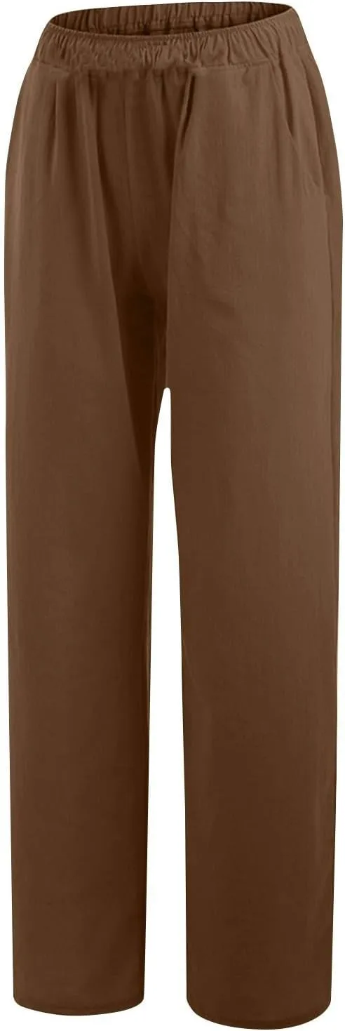 Womens Cotton Linen Wide Leg Palazzo Pants Loose Casual High Waisted Slacks Lightweight Summer Trousers with Pockets