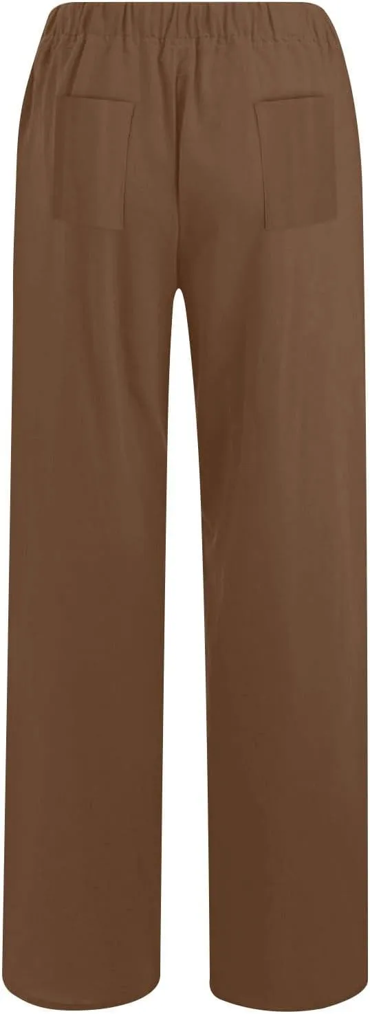 Womens Cotton Linen Wide Leg Palazzo Pants Loose Casual High Waisted Slacks Lightweight Summer Trousers with Pockets