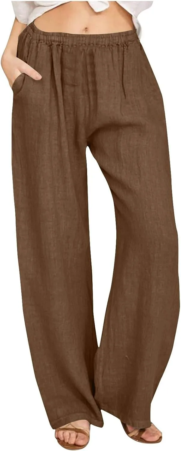 Womens Cotton Linen Wide Leg Palazzo Pants Loose Casual High Waisted Slacks Lightweight Summer Trousers with Pockets