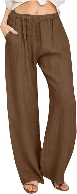 Womens Cotton Linen Wide Leg Palazzo Pants Loose Casual High Waisted Slacks Lightweight Summer Trousers with Pockets