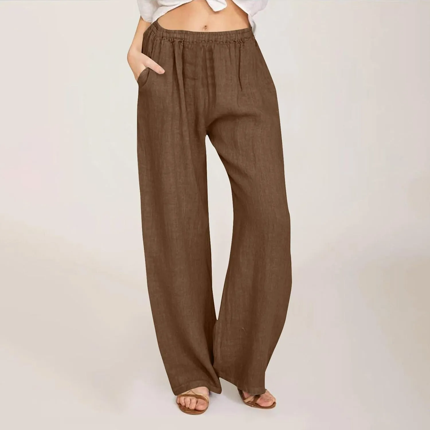 Womens Cotton Linen Wide Leg Palazzo Pants Loose Casual High Waisted Slacks Lightweight Summer Trousers with Pockets