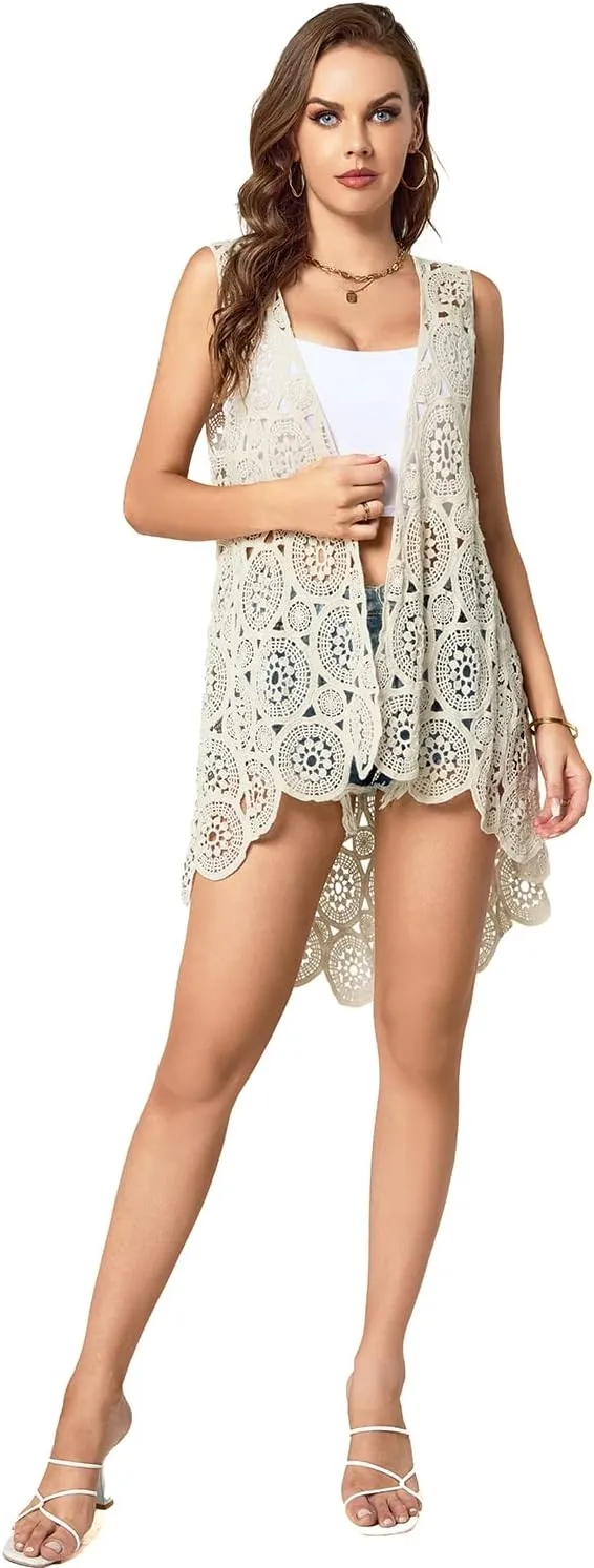 Women's Crochet Lace Vest Boho Sleeveless Kimono Irregular Hem Cardigan