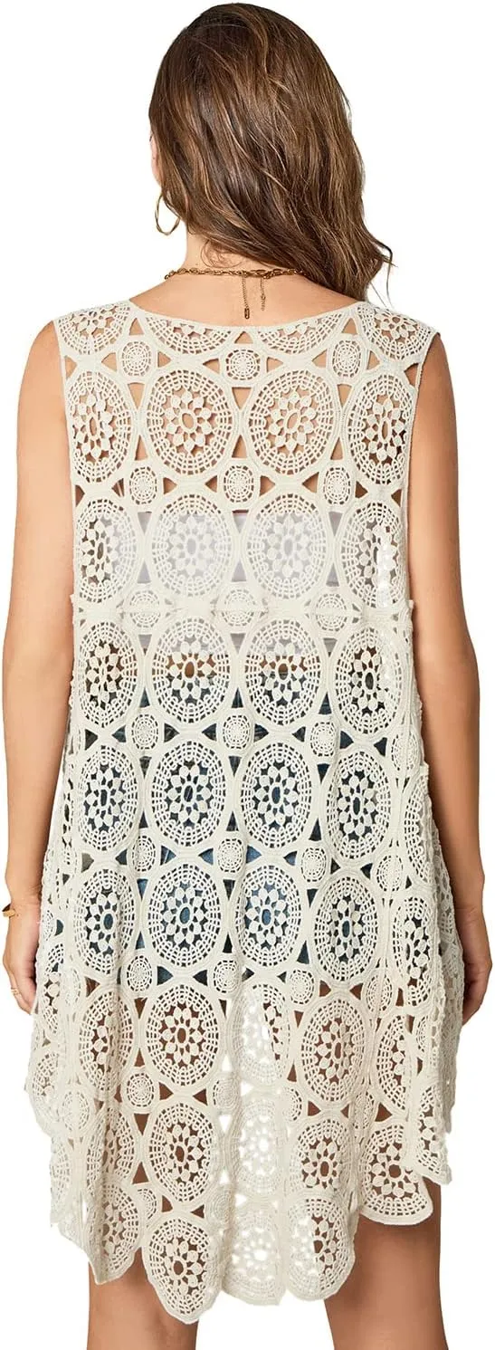 Women's Crochet Lace Vest Boho Sleeveless Kimono Irregular Hem Cardigan