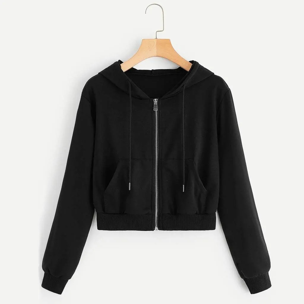 Women's Crop Tops Zip Up Hoodies Teen Girls Fall Jacket Casual Workout Long Sleeve Cropped Sweatshirts Y2K Clothes