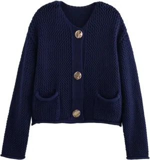 Women's Cropped Cardigan Sweaters Chunky Knit Gold Button Down Long Sleeve Open Front Cardigan with Pockets