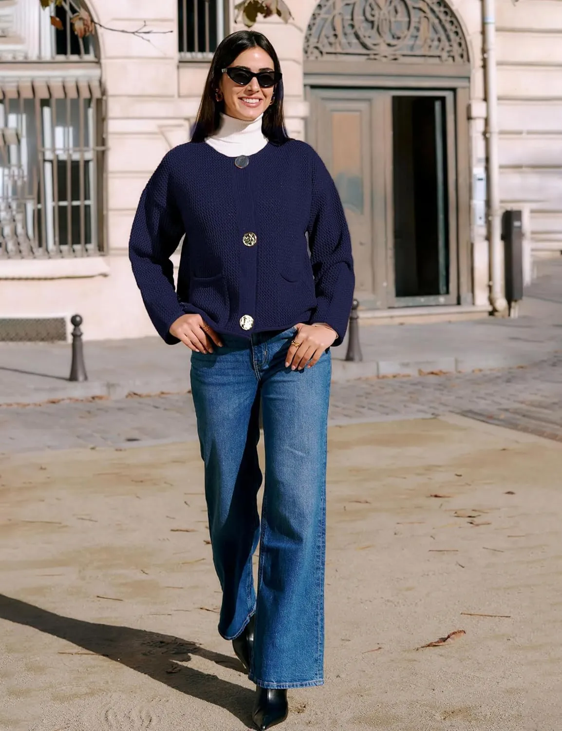 Women's Cropped Cardigan Sweaters Chunky Knit Gold Button Down Long Sleeve Open Front Cardigan with Pockets