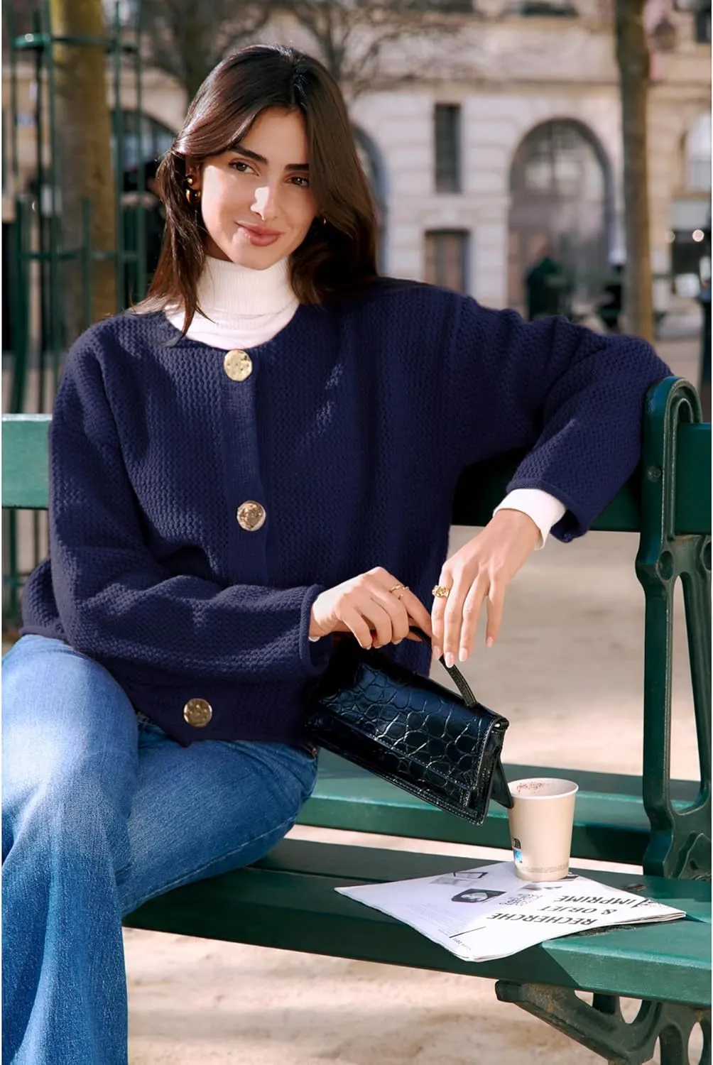 Women's Cropped Cardigan Sweaters Chunky Knit Gold Button Down Long Sleeve Open Front Cardigan with Pockets