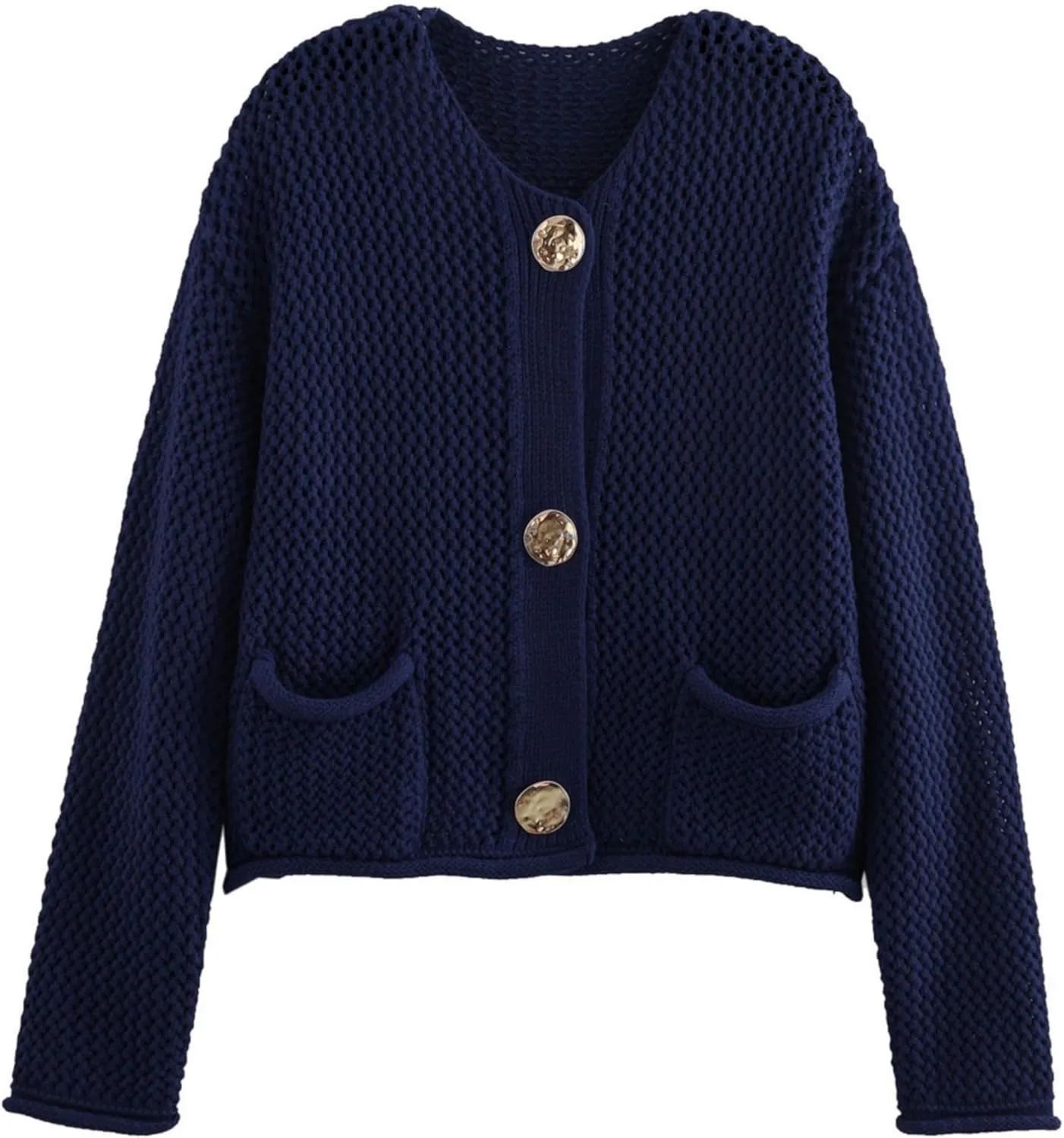 Women's Cropped Cardigan Sweaters Chunky Knit Gold Button Down Long Sleeve Open Front Cardigan with Pockets
