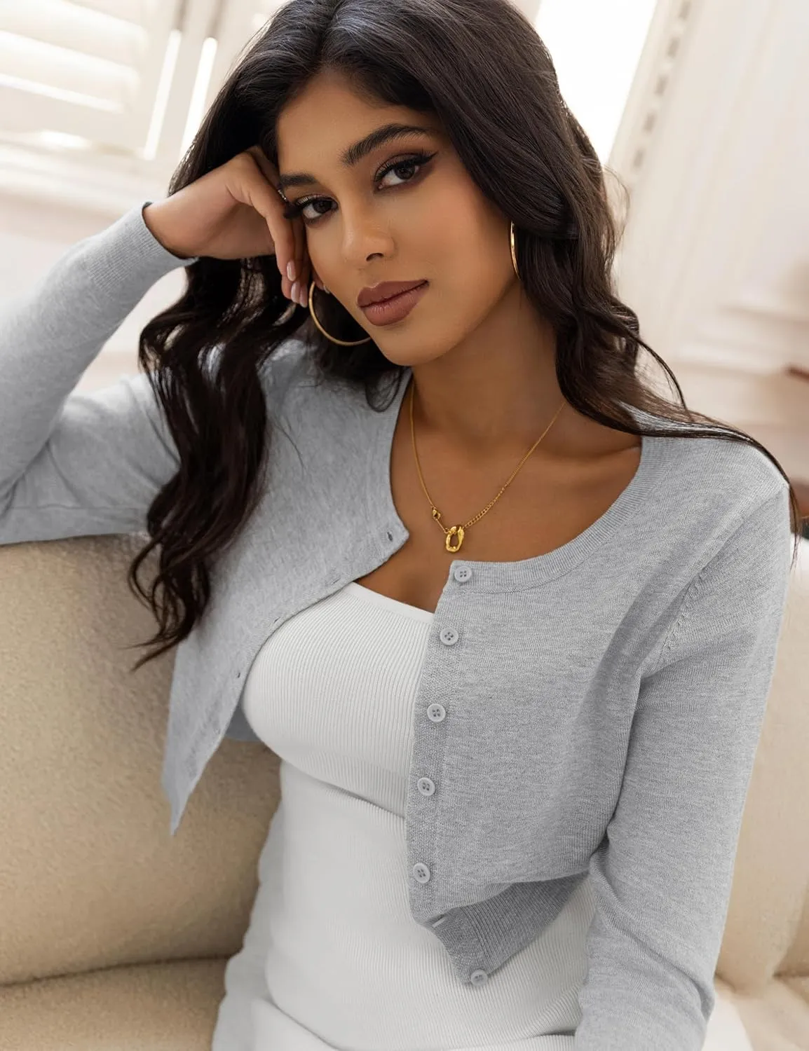 Women's Cropped Cardigan Sweaters Crew Neck Button Down Open Front Knit Bolero Shrugs