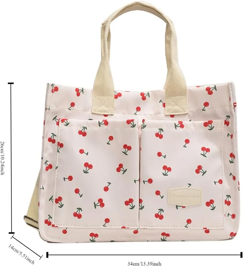 Women's Cute Cherry Tote Bag Multi Pocket Canvas Patched Purse Shoulder Bag Satchel Handbag for Work Travel
