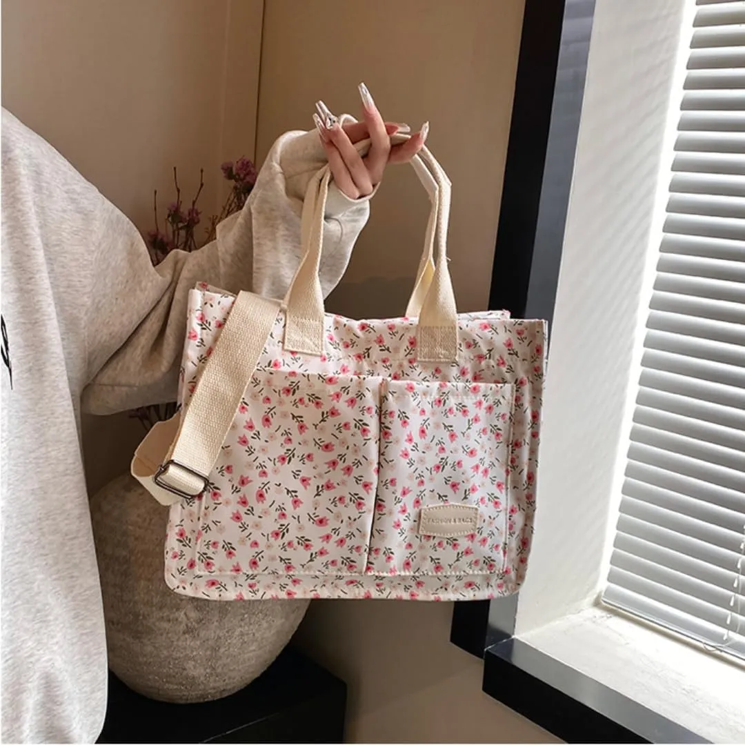Women's Cute Cherry Tote Bag Multi Pocket Canvas Patched Purse Shoulder Bag Satchel Handbag for Work Travel