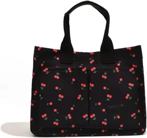Women's Cute Cherry Tote Bag Multi Pocket Canvas Patched Purse Shoulder Bag Satchel Handbag for Work Travel